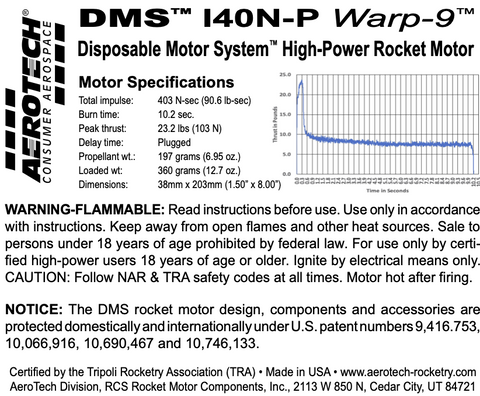 AeroTech I40N-P 38mm x 203mm Single Use DMS 1-Motor Kit - 094000