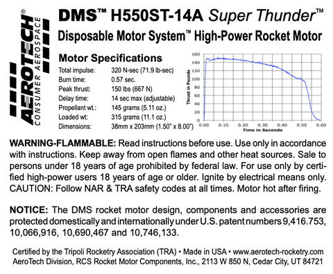 AeroTech H550ST-14A 38mm x 203mm Single Use DMS 1-Motor Kit - 085514